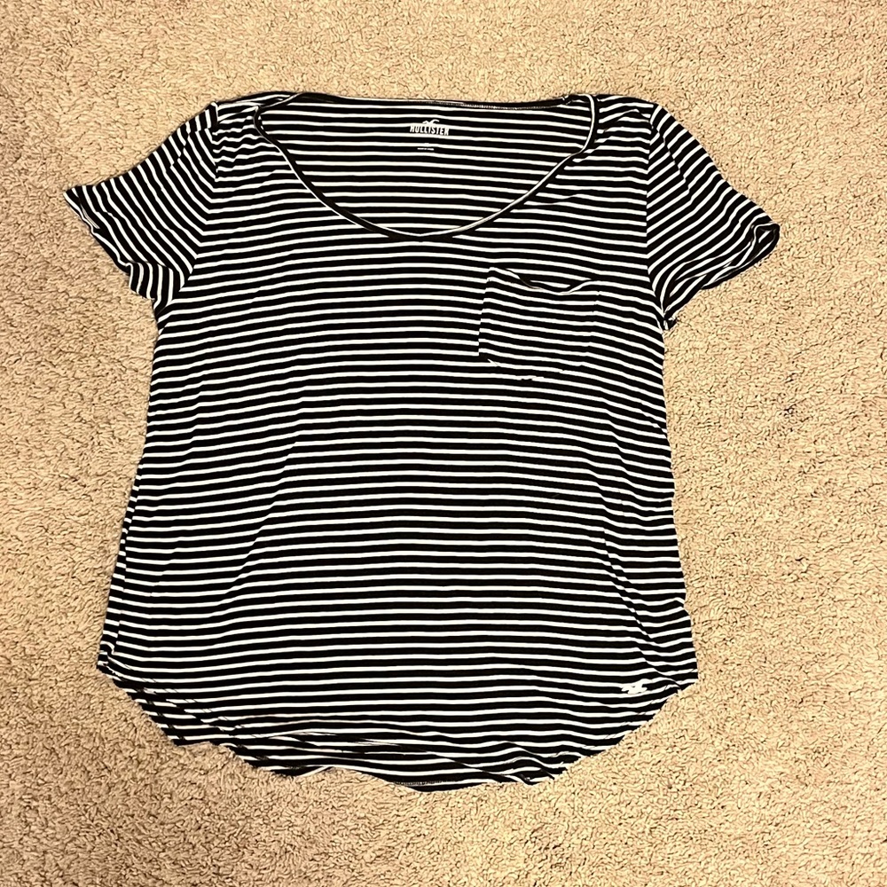 Hollister black and white striped t-shirt with pocket